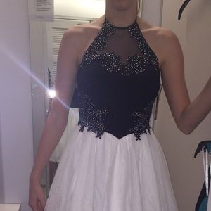 navy and white halter top homecoming dress